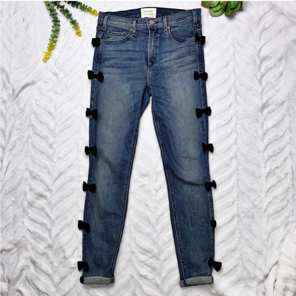 McGuire Denim + Anthropologie Mid Rise Skinny Jean with Black Bow Accents.